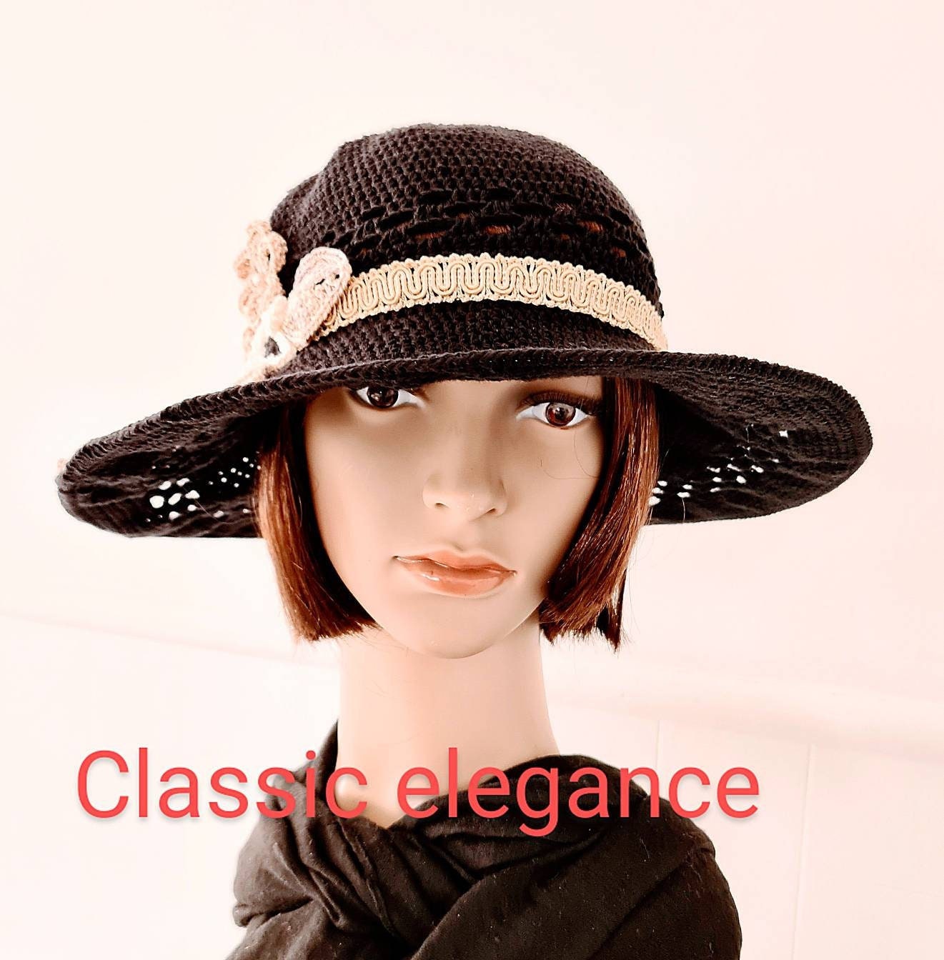 Womens' Black and Beige Cotton Sun Hat With Flowers - Etsy