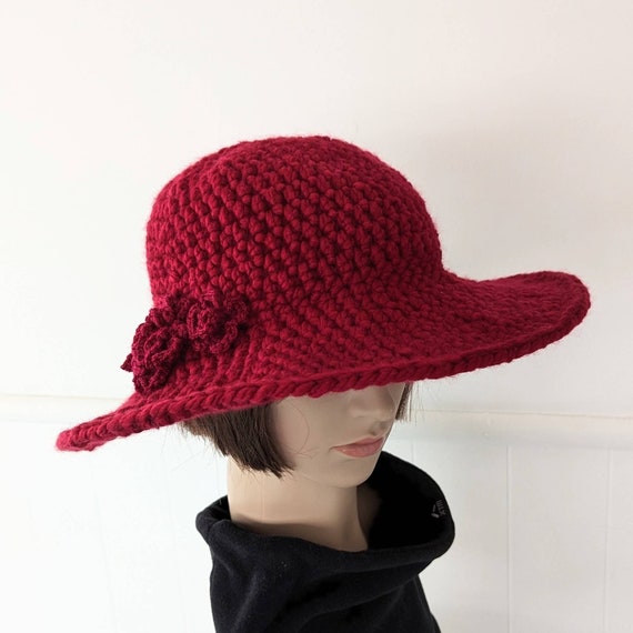 Women Red Winter Hat Wide Brim Chunky Yarn Fedora Style Hat - Etsy
