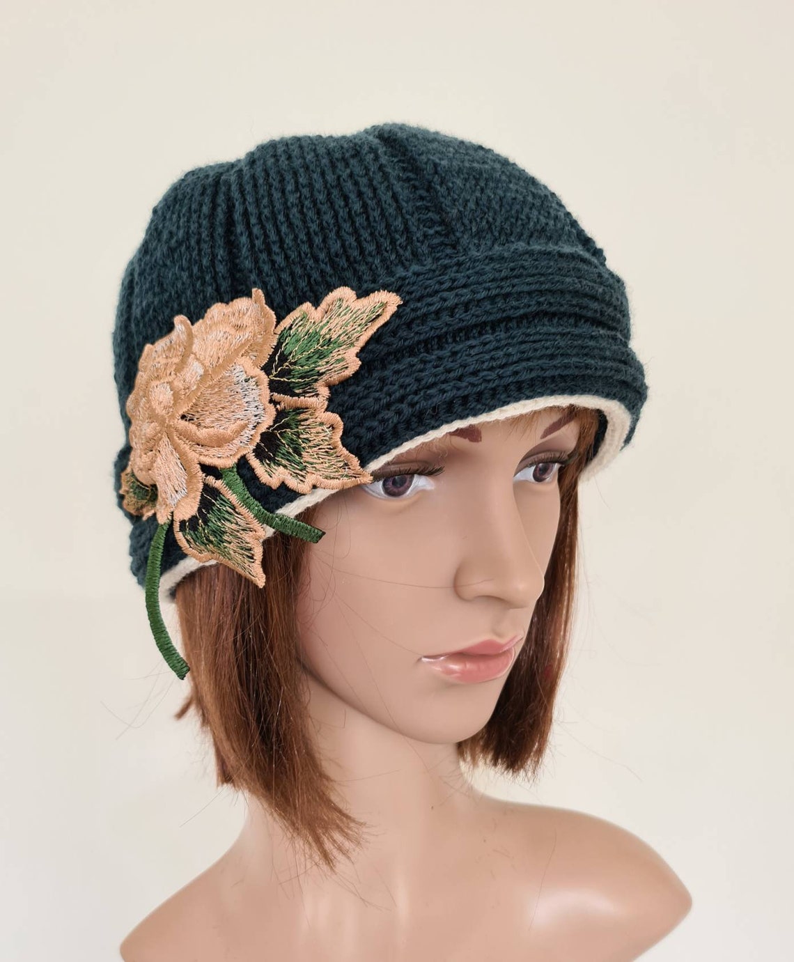 Women green wool hat with flower motif Etsy