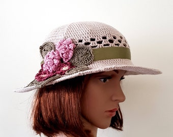 Sun hat, cotton crochet hat with flowers