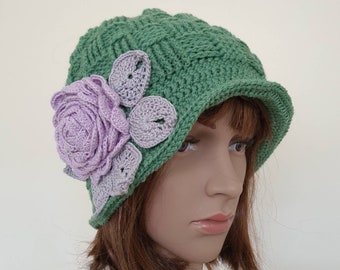Cloche, crochet wool cloche hat with flower