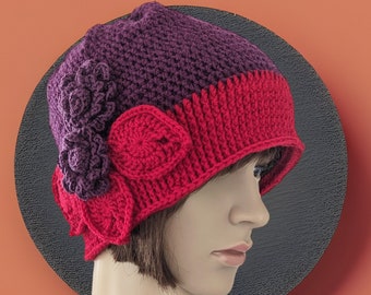 Beanie hat, crochet wool beanie, flower detail, red and purple