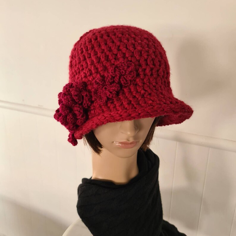 Women Red Cloche Hat, Winter Crochet Hat, Flower Appliques Etsy