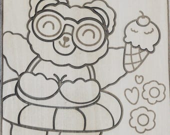 Color Your Own Wooden Puzzle | Kawaii Bear Summer | Kids Craft Kit | Laser Engraved Basswood | Toddler Activity | Unique Gift