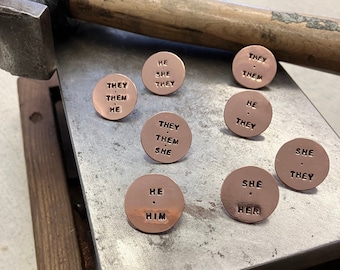 Hand Stamped Copper Pronoun Pin