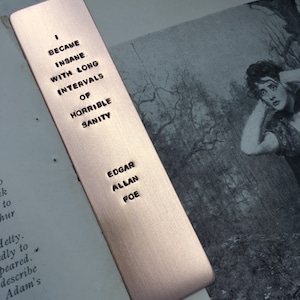 May include: A copper-coloured metal bookmark featuring the quote "I BECAME INSANE WITH LONG INTERVALS OF HORRIBLE SANITY" and the name "EDGAR ALLAN POE". The bookmark rests on a book with a black and white illustration.