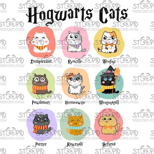 May include: Nine cartoon cats wearing Hogwarts house scarves. The cats are in a grid of three rows and three columns. The cats are wearing scarves in the colors of Gryffindor, Slytherin, Hufflepuff, and Ravenclaw. The text "Hogwarts Cats" is at the top of the image.