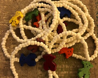 Twelve glass bead and stone bear stretch bracelets
