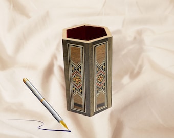 Pencil Holder, office desk,Office supply, office storage, pen holder, Mosaic, office décor, office accessories, wood, inlay, mother of pearl