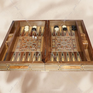 Top HQ 20.5&quot; engraved Backgammon board set, Included ( backgammon board, backgammon checkers, dices, Pair of Coasters) inlaid mother pearl,