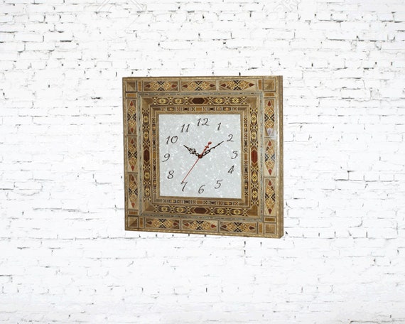 Clock, Wall clock, watch, wooden clock, Handmade clock, marquetry, Mosaic, Christmas gift, Mosaic furniture, mother of pearl, office décor