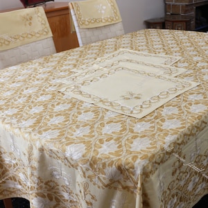 Tablecloths, Organza Table cloths embroidery, Rectangle table cover with 8 napkins, Size 76"x 60".With Blonde Silk threads, Aghabani, gift.
