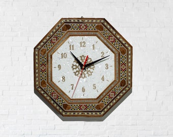 Clock, Wall clock, watch, engraved wooden clock, Handmade clock, marquetry, Mosaic, Christmas gift,furniture - mother of pearl, office décor