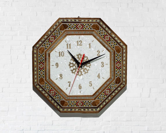 Clock, Wall clock, watch, engraved wooden clock, Handmade clock, marquetry, Mosaic, Christmas gift,furniture - mother of pearl, office décor