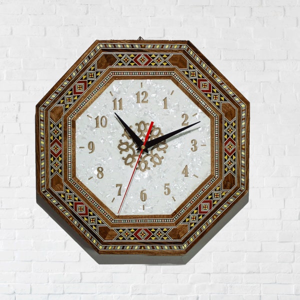 Clock, Wall clock, watch, engraved wooden clock, Handmade clock, marquetry, Mosaic, Christmas gift,furniture - mother of pearl, office décor