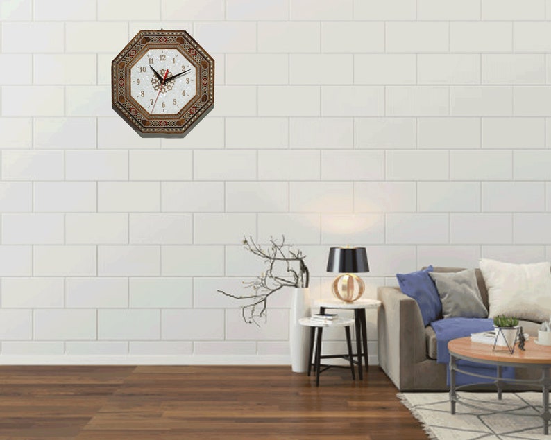 Klocka, väggklocka, armbandsur, graverad träklocka, handgjord klocka, intarsia, mosaik, julklapp, möbler - pärlemor, kontorsinredning bild 9