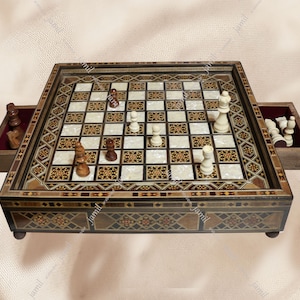 May include: A wooden chessboard with intricate inlaid designs and a glass top. The board has a drawer on each side for storing the chess pieces. The chess pieces are arranged on the board in a game in progress.