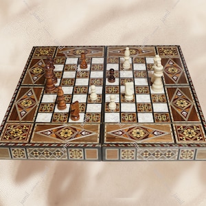 Chess set and backgammon 20&quot;, Included ( 20&quot; Chess and backgammon board, backgammon checkers, dices, pair of lovely coaster) mother of pearl
