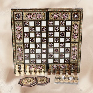 Chess and Backgammon Set 12" Included ( 12" Chess and backgammon board, backgammon checkers, dices, pair of lovely coaster"gift") chips