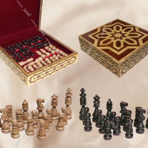 May include: A wooden chess set with intricate inlaid designs. The set includes 32 pieces, a chessboard, and a storage box. The pieces are made of light and dark wood and have a traditional design.