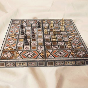 Chess and Backgammon set large 20&quot;, Included (Chess and backgammon board, backgammon checkers, dices, Pair of Coasters ) mother of pearl