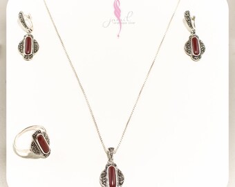 include (Set of silver necklace, earring, ring and Chain, wooden Mosaic jewelry Box),friend gift, valentine gift/ Total 14 g, Ring Size 8