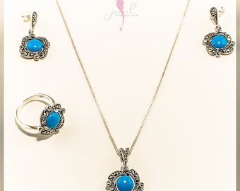 include (Set of silver necklace, earring, ring and Chain, wooden Mosaic jewelry Box),friend gift, valentine gift/ Total 15.5 g, Ring Size 9
