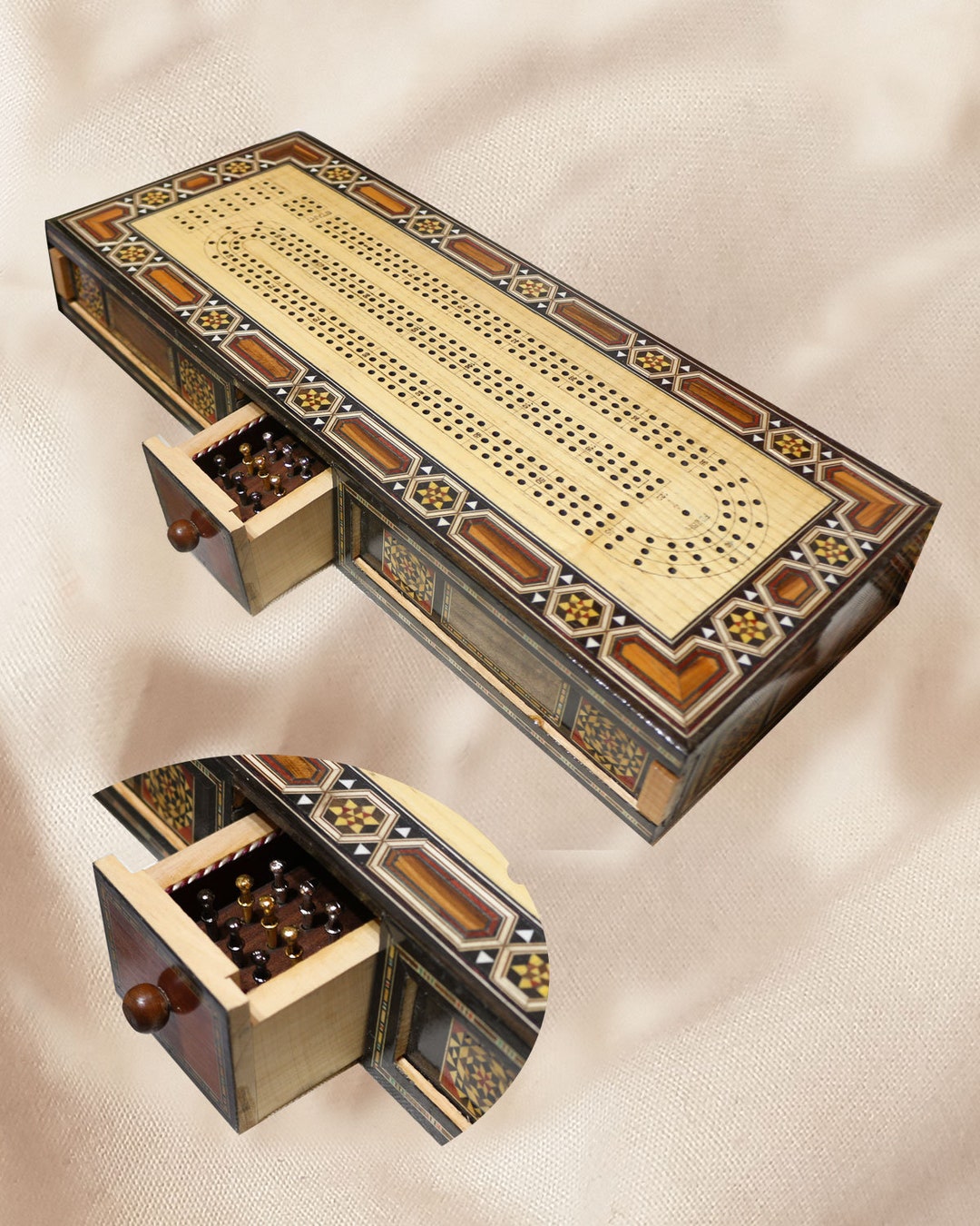 HQ Continuous Cribbage Board Set / Box Inlaid, Include (16 1