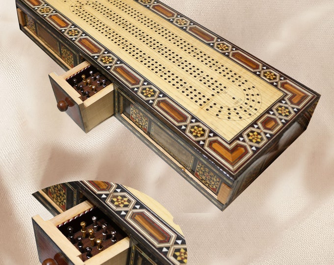 HQ Continuous Cribbage Board Set / Box Inlaid, include (16 1/2" - 2, 3 and 4 Tracks Cribbage Board Box - Playing card, 9 Pegs) Christmas