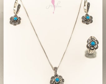 include (Set of silver necklace, earring, ring and Chain, wooden Mosaic jewelry Box),friend gift, valentine gift/ Total 13 g, Ring Size 7