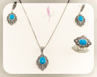 include (Set of silver necklace, earring, ring and Chain, wooden Mosaic jewelry Box),friend gift, valentine gift/ Total 17 g, Ring Size 6