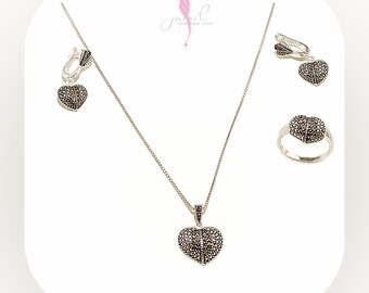 include (Set of silver necklace, earring, ring and Chain, wooden Mosaic jewelry Box),friend gift, valentine gift/ Total 17.5 g, Ring Size 9