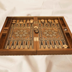 Top HQ  20.5&quot; engraved Backgammon set, wood board, Included (backgammon board, backgammon checkers, dices) beech wood inlaid mother of pearl