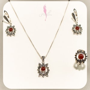 omvatten (Set van zilveren ketting, oorbel, ring en ketting, houten Mozaïek sieraden Doos), vriend cadeau, valentijnscadeau / Totaal 16,5 g, Ring Maat 5.5