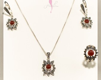 include (Set of silver necklace, earring, ring and Chain, wooden Mosaic jewelry Box),friend gift, valentine gift/Total 16.5 g, Ring Size 5.5