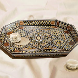 Octagonal tray, vintage wood and shell inlay,handmade octagonal serving tray,brown,black,ochre,rust, beige,gift, kitchen, dining,mosaic,