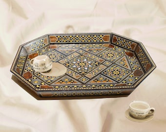 Octagonal tray, vintage wood and shell inlay,handmade octagonal serving tray,brown,black,ochre,rust, beige,gift, kitchen, dining,mosaic,