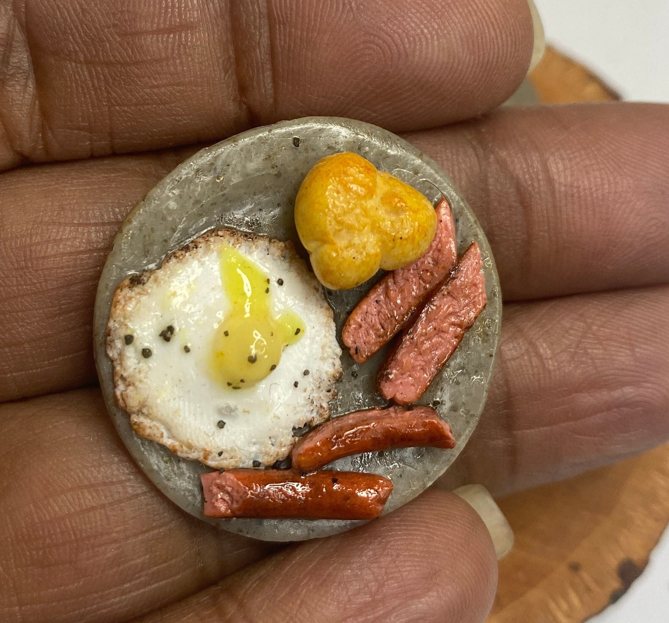 Miniature breakfast fried egg and fried links each piece is handmade and unique