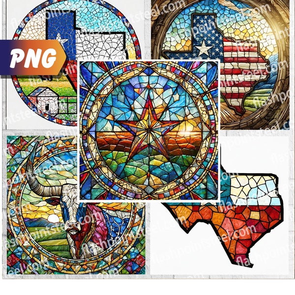 Texas Bundle Stained Glass, DIGITAL File only, PGN, 5 Square Sublimation Bundle, Texas Glass, sublimation, longhorn, lone start