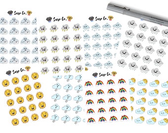 Quirky Weather Planner Stickers (Rain, Snow, Wind, Partly Cloudy, Rainbow, Storm, Sun, Cloudy)