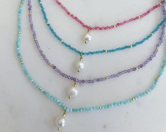Gemstone Necklace with Pearl Charm, Natural Gemstone Necklace, Freshwater Pearl Necklace, Chalcedony Amazonite Turquoise Amethsyt Necklace