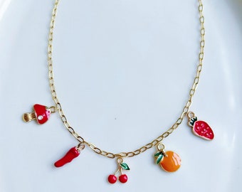 Custom Gold Charm Necklace, Create Your Own Charm Necklace, Non Tarnish Gold Filled Paperclip Chain, Cherry Fruit Strawberry Initial Charm