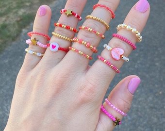 Red and Pink Beaded Rings, Colorful Bead Rings, Red and Pink Rings, Valentine&#39;s Day Rings, Valentines&#39; Day Gift, Cute Rings