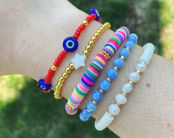 Colorful Beaded Bracelet Stack Set, Evil Eye Bracelet, Gold Ball Bracelets, Star Bracelet, Heishi Bead Bracelet, Pukka Bracelet