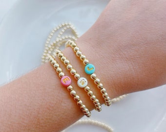 Gold Initial Charm Bracelet, Custom Gold Bracelet, Stackable Stretch Charm Bracelet, Dainty Gold Filled Non Tarnish Bracelet, Girlfriend Mom