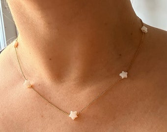 Pearl Star Chain Necklace, Gold Filled Chain Necklace, Dainty Chain Necklace, Mother of Pearl Beaded Necklace, Star Charm Chain, Non-Tarnish