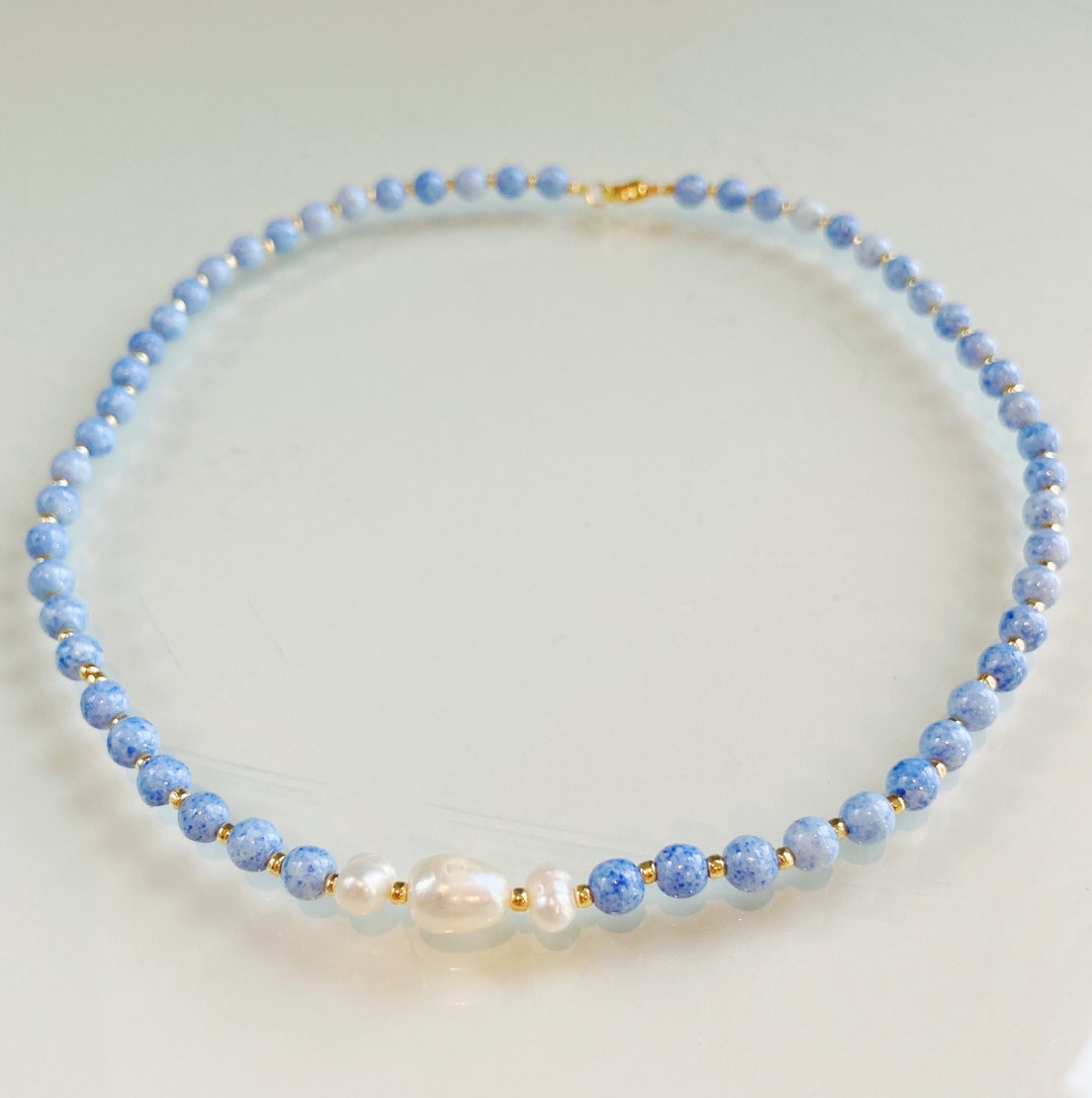 Blue Speckle Stone Necklace, Freshwater Pearl Bead Chokers, Blue Stone ...