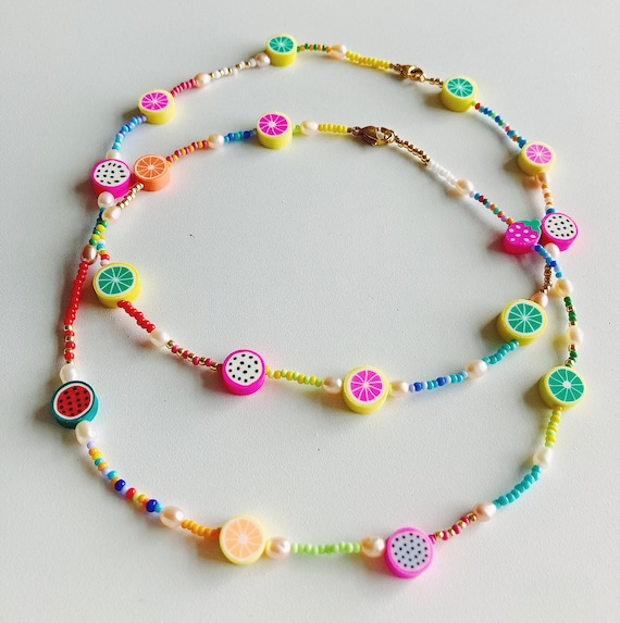Fruity Pearl Beaded Necklace, Beaded Choker Necklace, Seed Bead