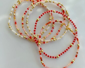 Valentine's Stackable Seed Bead Bracelet, Dainty Waterproof Gold Bracelet, Beaded Bracelet, Tiny Bracelet Stack, Galentines Gift Girlfriend