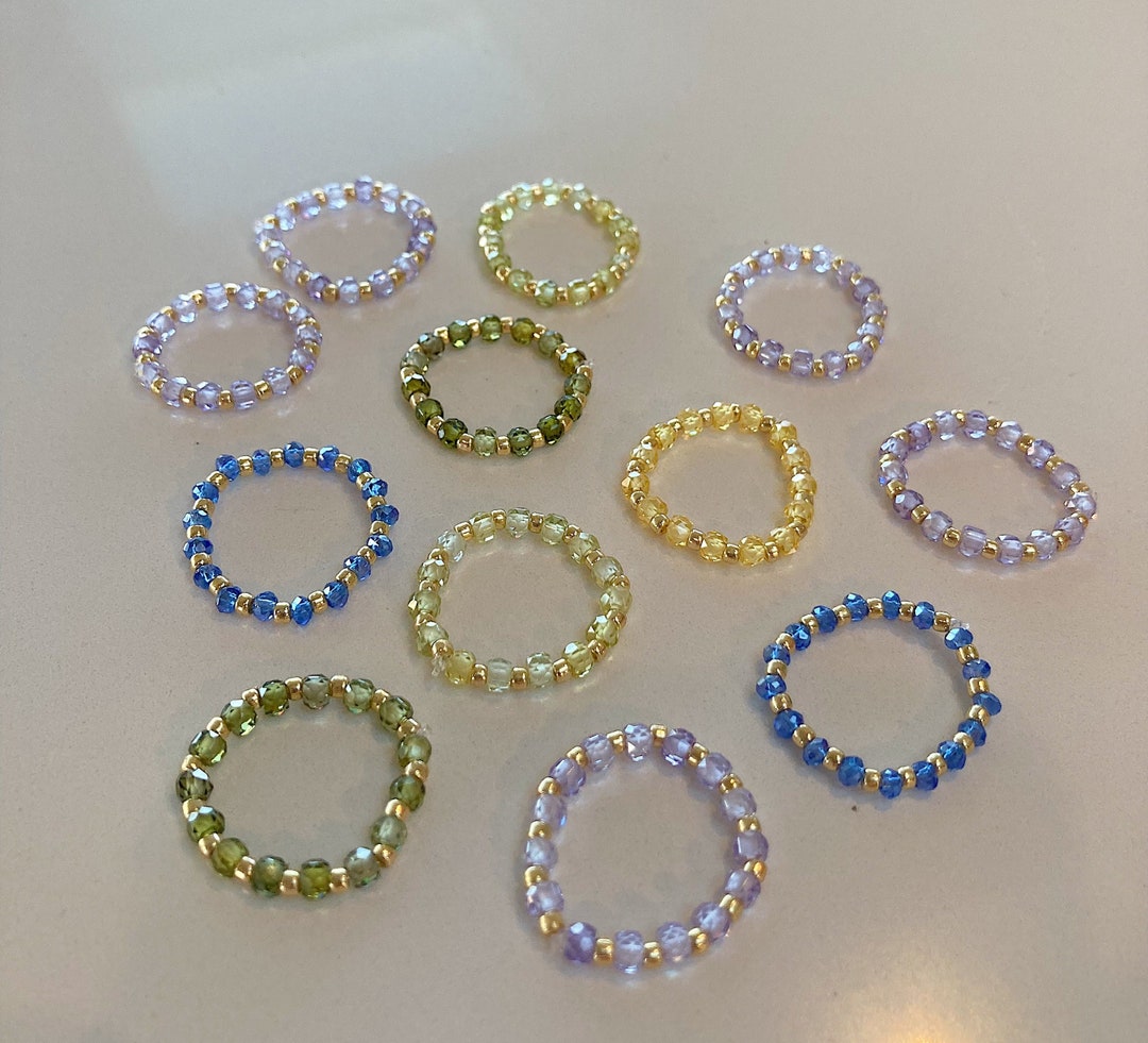 Crystal Bead Ring, Beaded Stretch Ring, Dainty Stackable Ring, Zircon ...